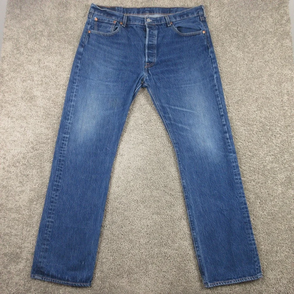 Levis Jeans Mens 38x34 Blue 501 Button Fly Original Straight Faded Denim Pants
